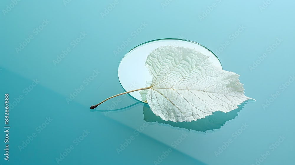 Poster white transparent leaf on mirror surface with reflection on turquoise background macro. artistic ima