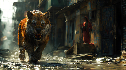 Fototapeta premium A tiger is running through a city street, with a woman in a red dress standing nearby. The scene is chaotic and disordered, with debris and trash scattered throughout the area. The tiger's fur is wet