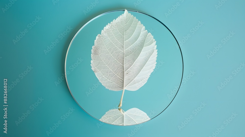Poster white transparent leaf on mirror surface with reflection on turquoise background macro. artistic ima