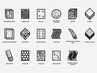 type of new constructions materials outline icon collection .innovations of building materials vector illustration
