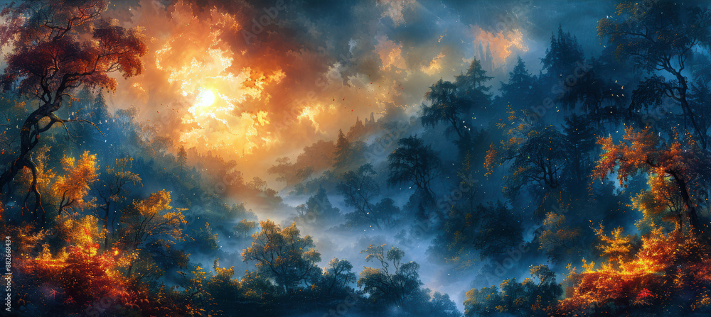 Poster a painting of a forest with trees and a sun in the sky. the sun is shining through the trees and cas