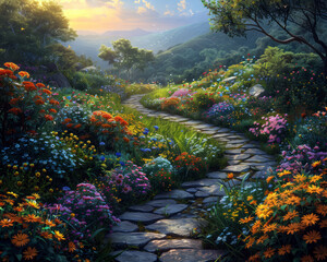 A path through a field of flowers with a stone walkway. The flowers are in full bloom and the sky is a beautiful orange and pink color
