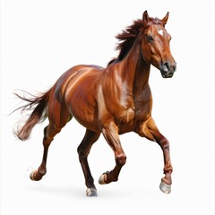 Obraz premium A chestnut horse runs with flowing mane and tail against a white background.