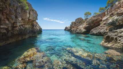 Fototapeta premium A secluded cove with rocky cliffs and crystal-clear water, perfect for a tranquil escape