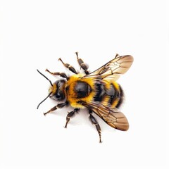 A close-up of a bumblebee with its wings spread, isolated against a white background.