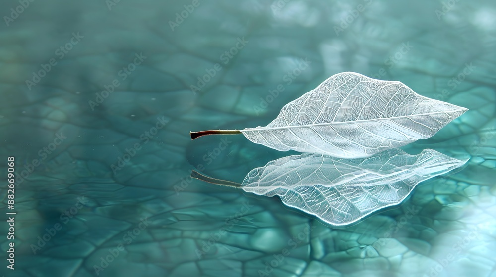 Aufkleber white transparent leaf on mirror surface with reflection on turquoise background macro. artistic ima