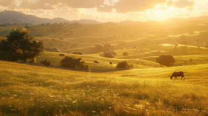 Fototapeta premium A serene countryside landscape bathed in the warm golden light of the evening, with rolling hills and grazing livestock
