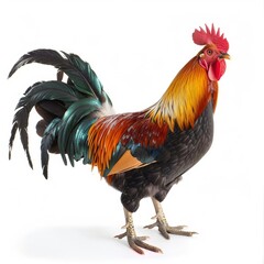 Fototapeta premium A colorful rooster stands proudly against a white background. Its bright feathers and red comb are a striking contrast to the white backdrop.