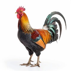 Fototapeta premium A colorful rooster stands proudly with its head held high and its tail feathers fanned out.