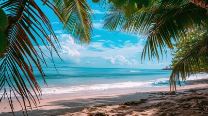 Scenic tropical beach with a coconut palm tree framing the scene