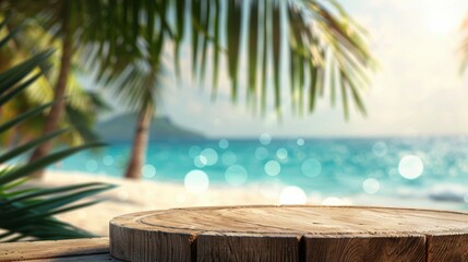 Summer product display on a wooden podium, set against a picturesque tropical beach with a turquoise sea bokeh background