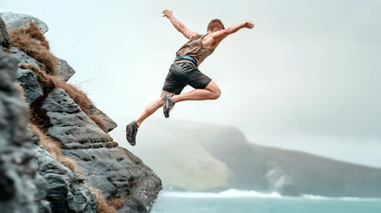An adventurous man jumps off a rugged cliff into the ocean below, surrounded by a dramatic coastal landscape with misty, cloudy skies - Generative AI