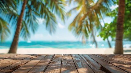 Summer-themed product display on a wooden table top at a tropical beach