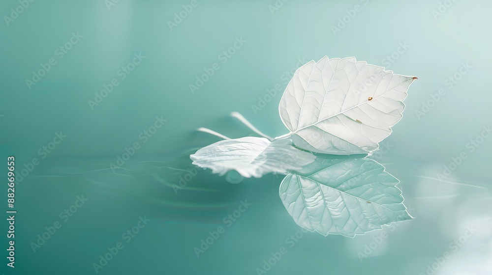 Aufkleber white transparent leaf on mirror surface with reflection on turquoise background macro. artistic ima
