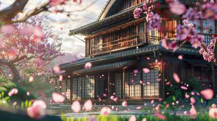 A traditional Japanese house during cherry blossom season, with pink petals floating in the breeze