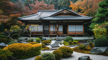 Fototapeta premium A traditional Japanese house with sliding shoji doors, surrounded by a serene Zen garden