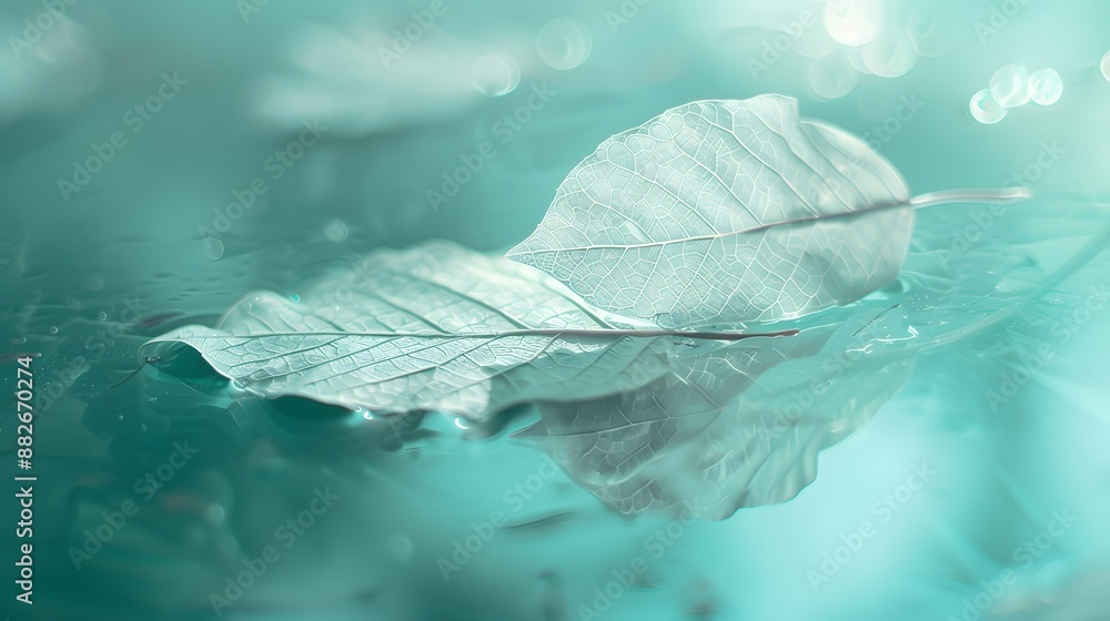 Aufkleber white transparent leaf on mirror surface with reflection on turquoise background macro. artistic ima