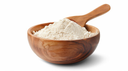 Rustic wooden bowl filled with flourcoated spoon, set against white background.