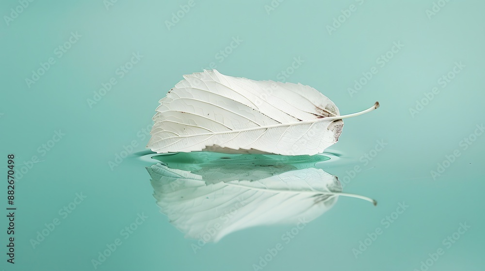 Poster white transparent leaf on mirror surface with reflection on turquoise background macro. artistic ima