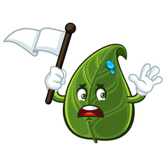 Green leaf mascot holding white surender flag.