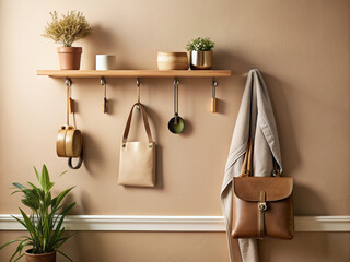 Elegant accessories, including a leather key holder and a wooden hanger, adorn a beige wall in a stylish interior hallway with a minimalist aesthetic.