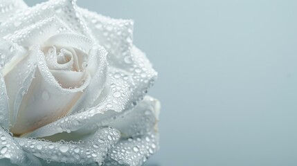 Fototapeta premium Stunning white rose with dew and droplets against a black background, closeup shot.