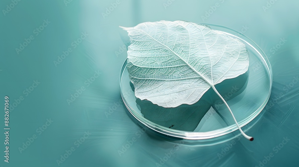 Poster white transparent leaf on mirror surface with reflection on turquoise background macro. artistic ima
