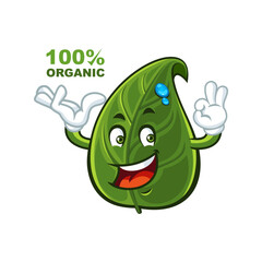 Green leaf mascot say 100% organic.