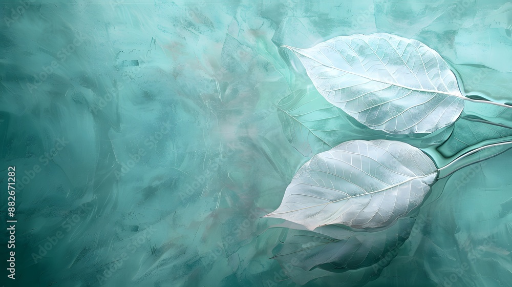 Aufkleber white transparent leaf on mirror surface with reflection on turquoise background macro. artistic ima