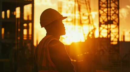 Naklejka premium Construction Worker Experiencing the Golden Hour with Sunlight Shining Through Industrial Machinery