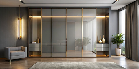 Sleek grey wardrobe with gold accents stands against a minimalist backdrop, its glossy sliding doors reflecting light in a serene and sophisticated atmosphere.