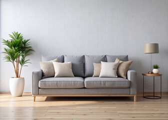 Minimalist living room interior design concept featuring a gray fabric sofa with pillows against a white background, leaving ample space on the right for customization.