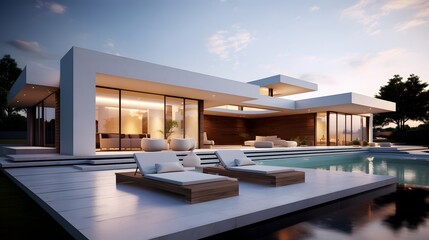 Modern luxury home with pool and sunset view