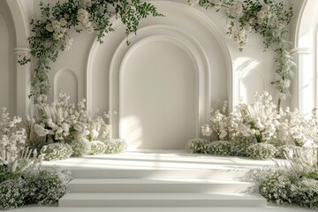 A white podium with geometric patterns, emphasizing modern art and design on a sleek stage.