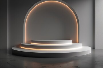 Obraz premium A sleek, contemporary white podium on a minimalist stage, illuminated by soft ambient lighting, exuding elegance and modernity.