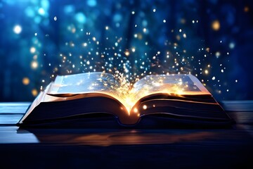 open book with glowing magical lights. 