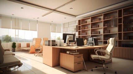 Spacious modern library with wooden furniture and large windows