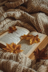 A book with autumn leaves lying on it, placed in an open spot of fabric
