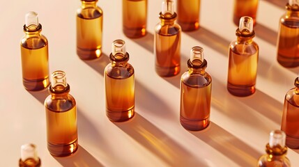 A set of amber glass skincare ampoules containing serum for anti-aging, smoothing, and moisturizing skin treatments.