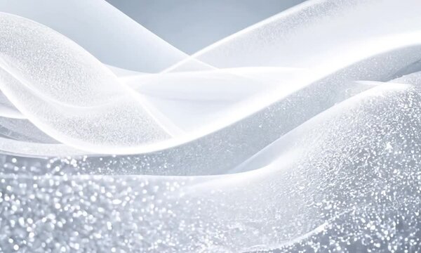 An abstract white wave pattern with shimmering particles on a light background, evoking a sense of purity and elegance