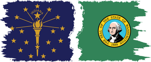 Washington and Indiana states grunge brush flags connection vector