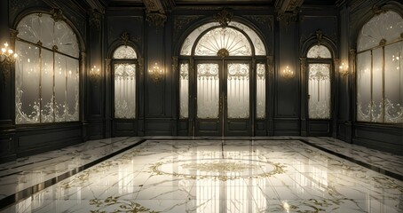 Obraz premium interior entrance door of gothic house palace castle ballroom mansion lobby. white and black art deco art nuevo dark black style with filigree ornamental floral embellishments.. 