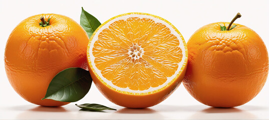 A tasteful composition of juicy oranges and their vibrant green leaves arranged in a classic style
