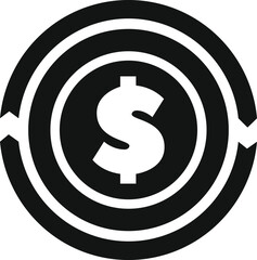 Black and white icon of a dollar sign rotating inside a circle, representing a financial transaction