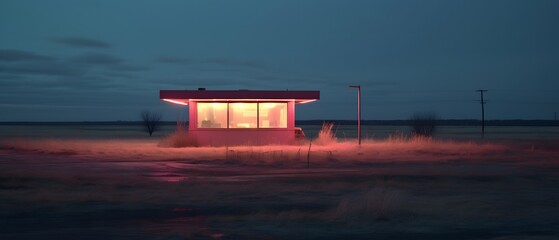 Obraz premium Modern house with glowing neon lights and sunset sky