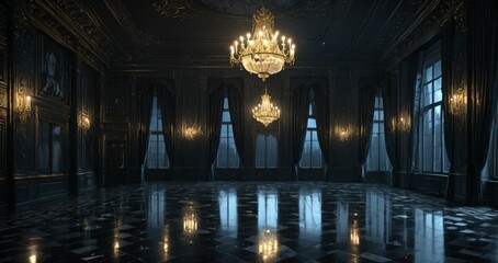 patio terrace balcony of palace mansion house at night. flowers, candles, and floral embellishments of black gothic art deco porch with tall windows and city view.