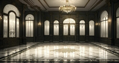 Obraz premium art deco entrance doorway of palace mansion interior. white victorian floral embellishments and art nuevo gothic style with black and gold ornamentals detailing. white marble floor.