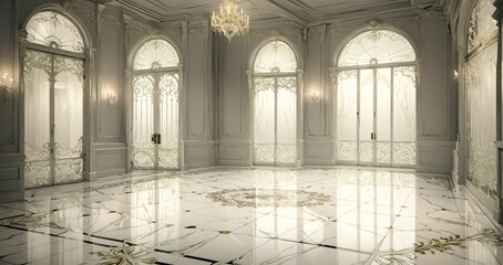 white doorway door entrance interior of mansion palace lobby. gothic victorian art deco art nuevo floral embellishments and baroque ornamentals.