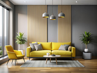 Modern minimalist living room features a bright yellow sofa alongside stylish decorative accent pieces against a calming grey and yellow accent wall with ample copy space.