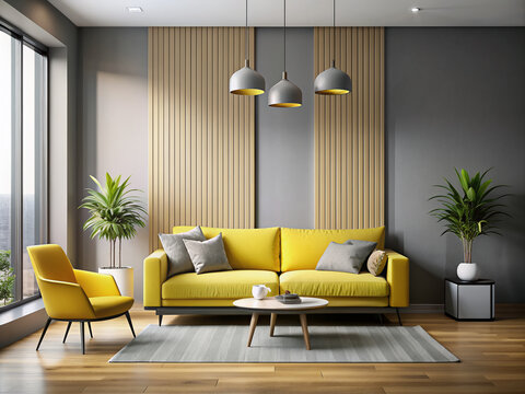 Modern minimalist living room features a bright yellow sofa alongside stylish decorative accent pieces against a calming grey and yellow accent wall with ample copy space.